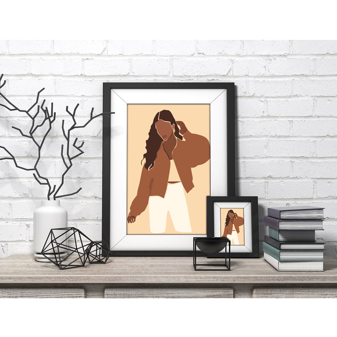 Woman in Tan Jacket and White Pants Standing Fashion Art Poster - Image 4