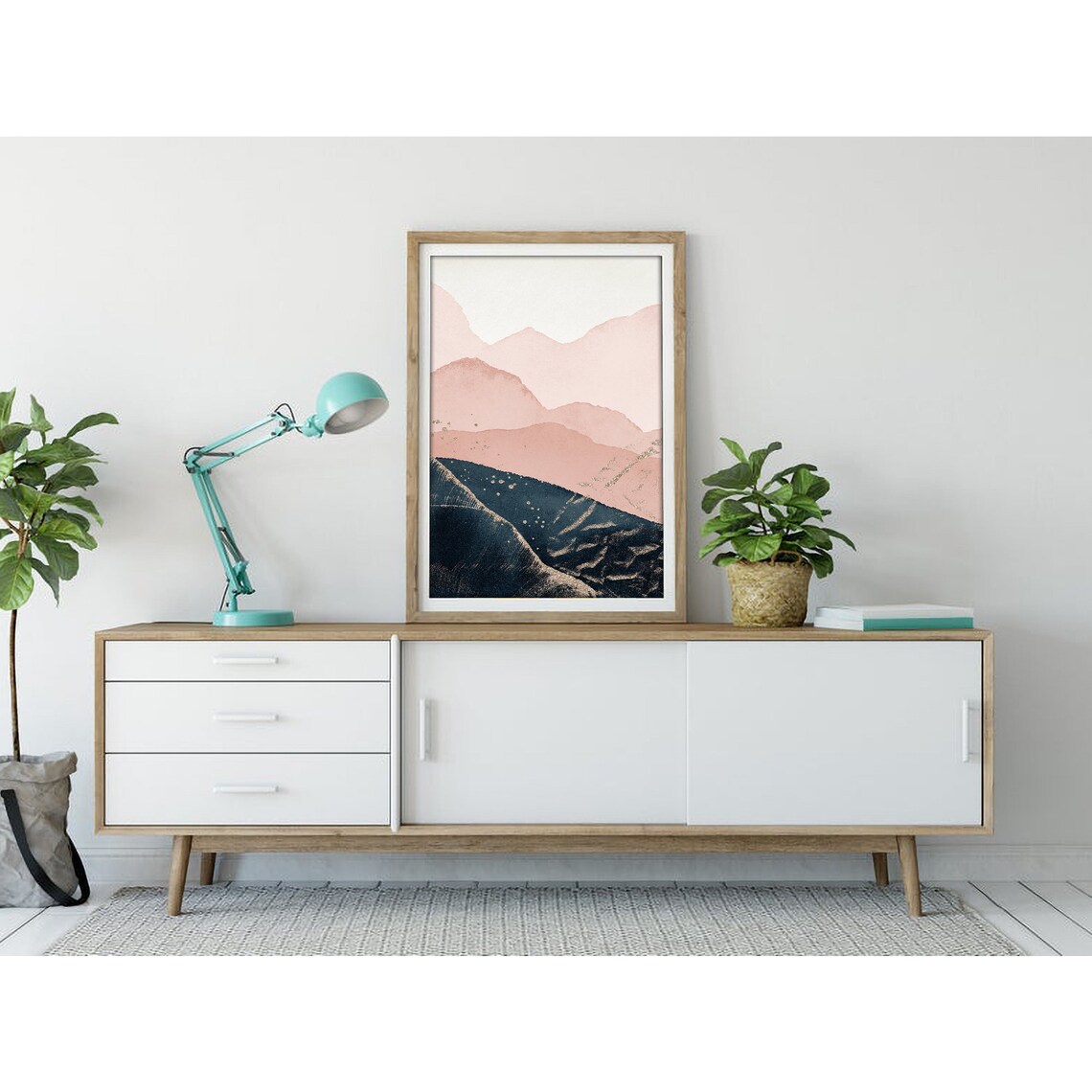 Blush Pink Mountains Navy Sea Gold Accents Modern Art Poster - Image 3