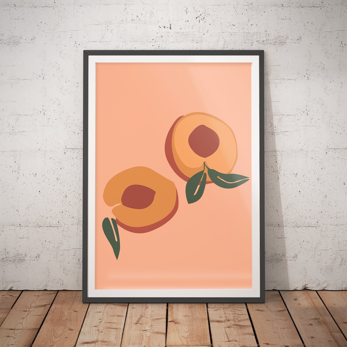 Two Sliced Apricots with Green Leaves on Peach Fruit Art Poster