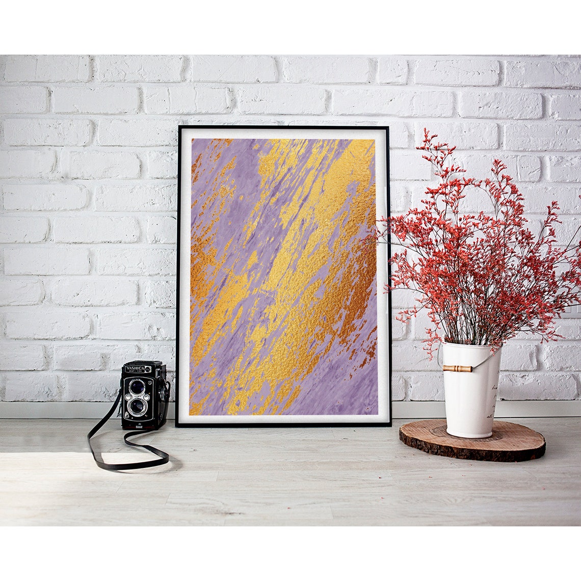 Lavender Marble Diagonal Gold Foil Streaks Modern Art Poster - Image 2