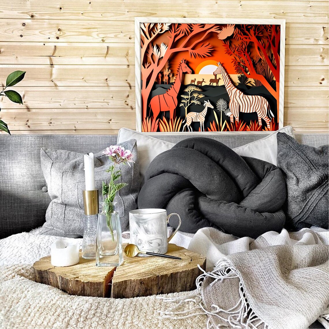 Giraffes Zebras Blazing Sunset Safari Paper Cut Nursery Art Poster - Image 3