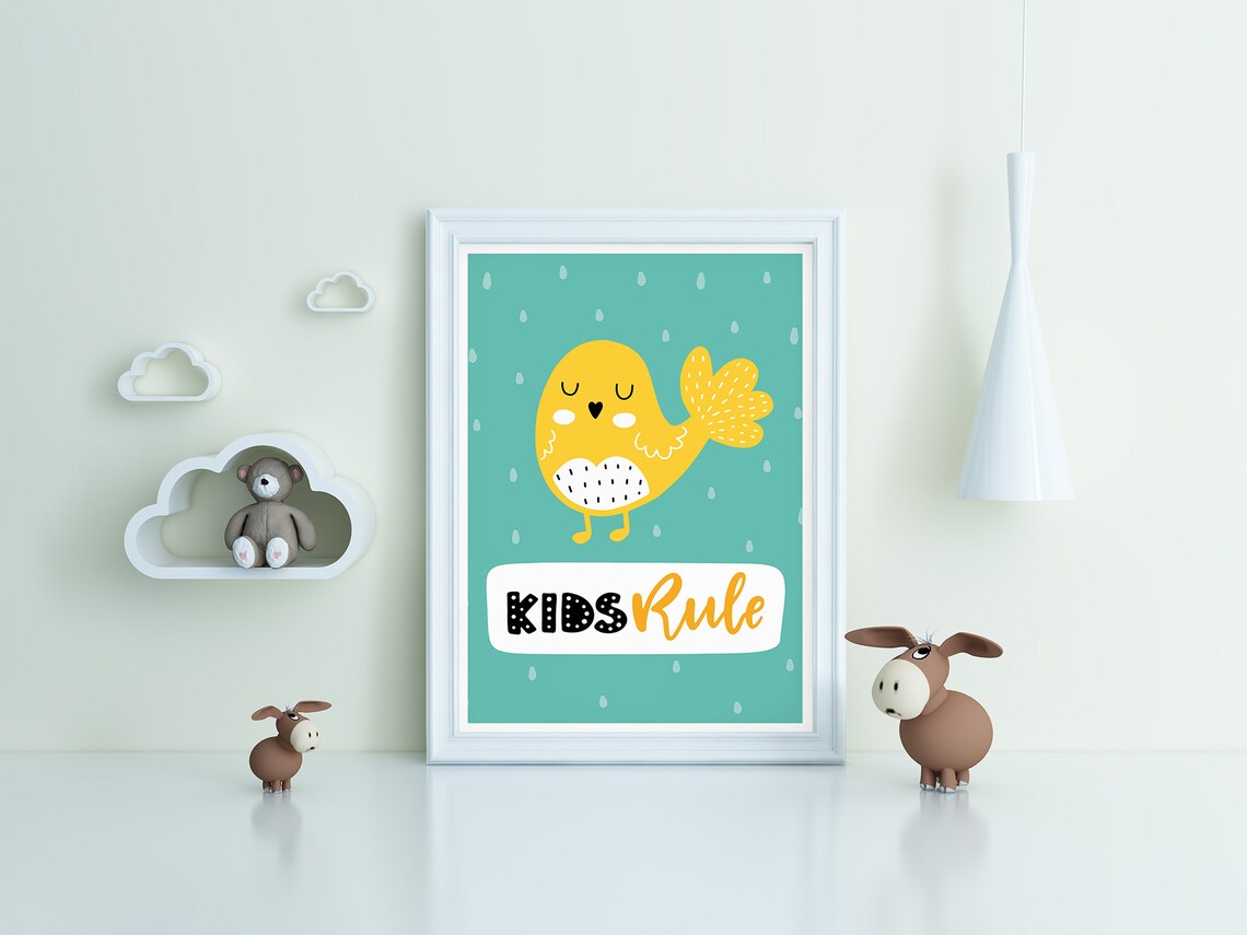 Kids Rule Yellow Bird Nursery Poster Teal Playroom Kids Room Decor - Image 3
