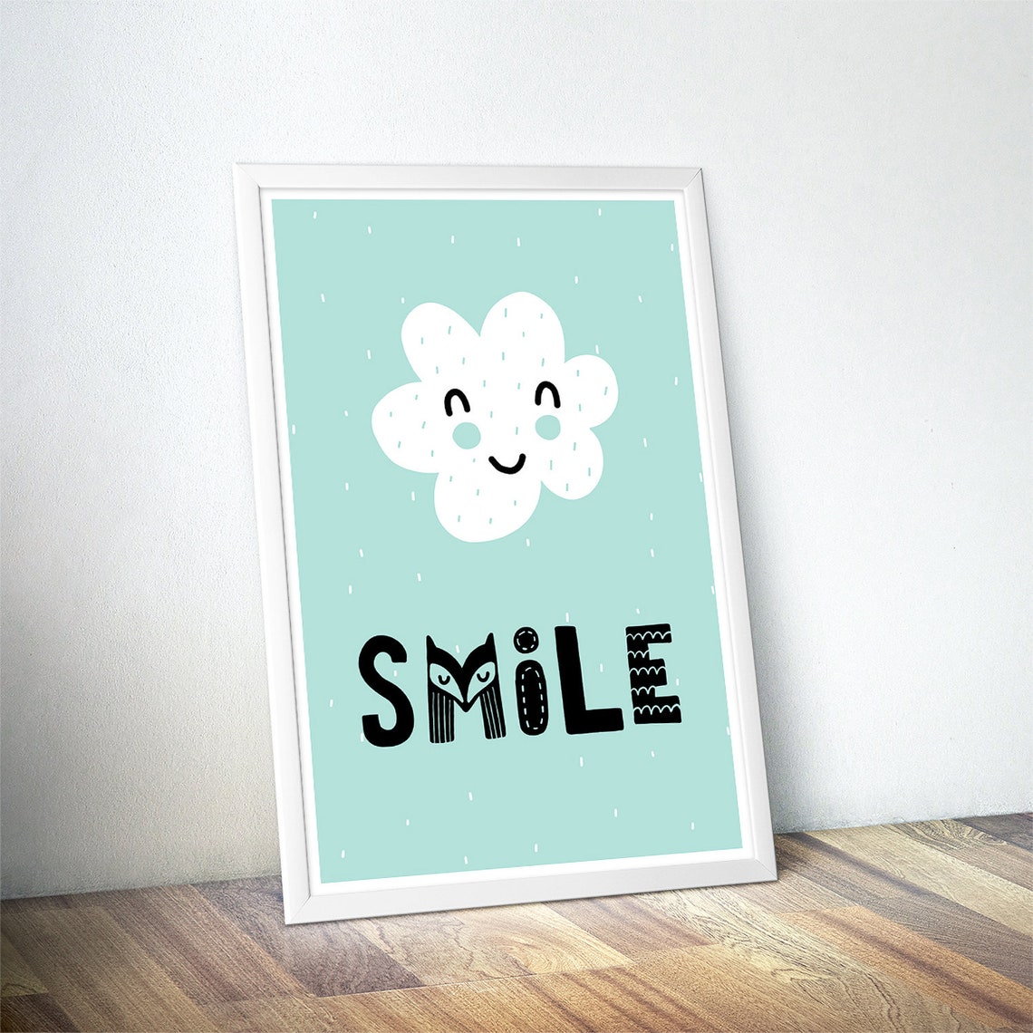 Smile Happy White Cloud Mint Green Nursery Typography Poster - Image 4