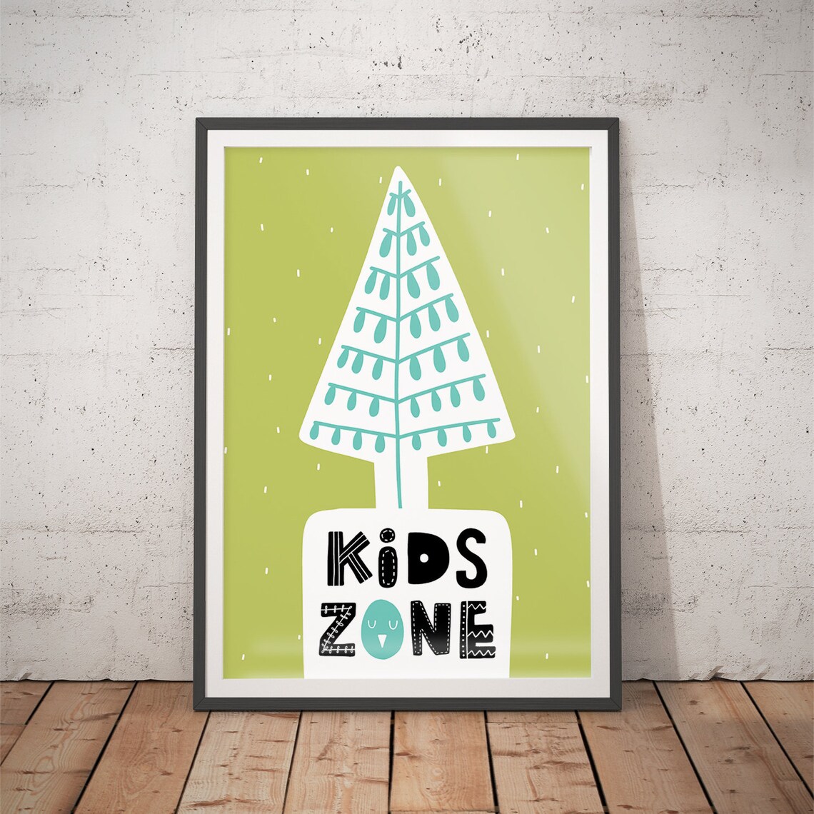 Kids Zone Stylized White Tree Nursery Poster Green Scandi Baby Room Art