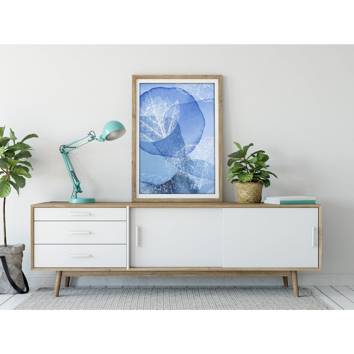 Blue Watercolor Circles with White Leaf Skeleton Detail Poster for Modern Home Decor - Image 3