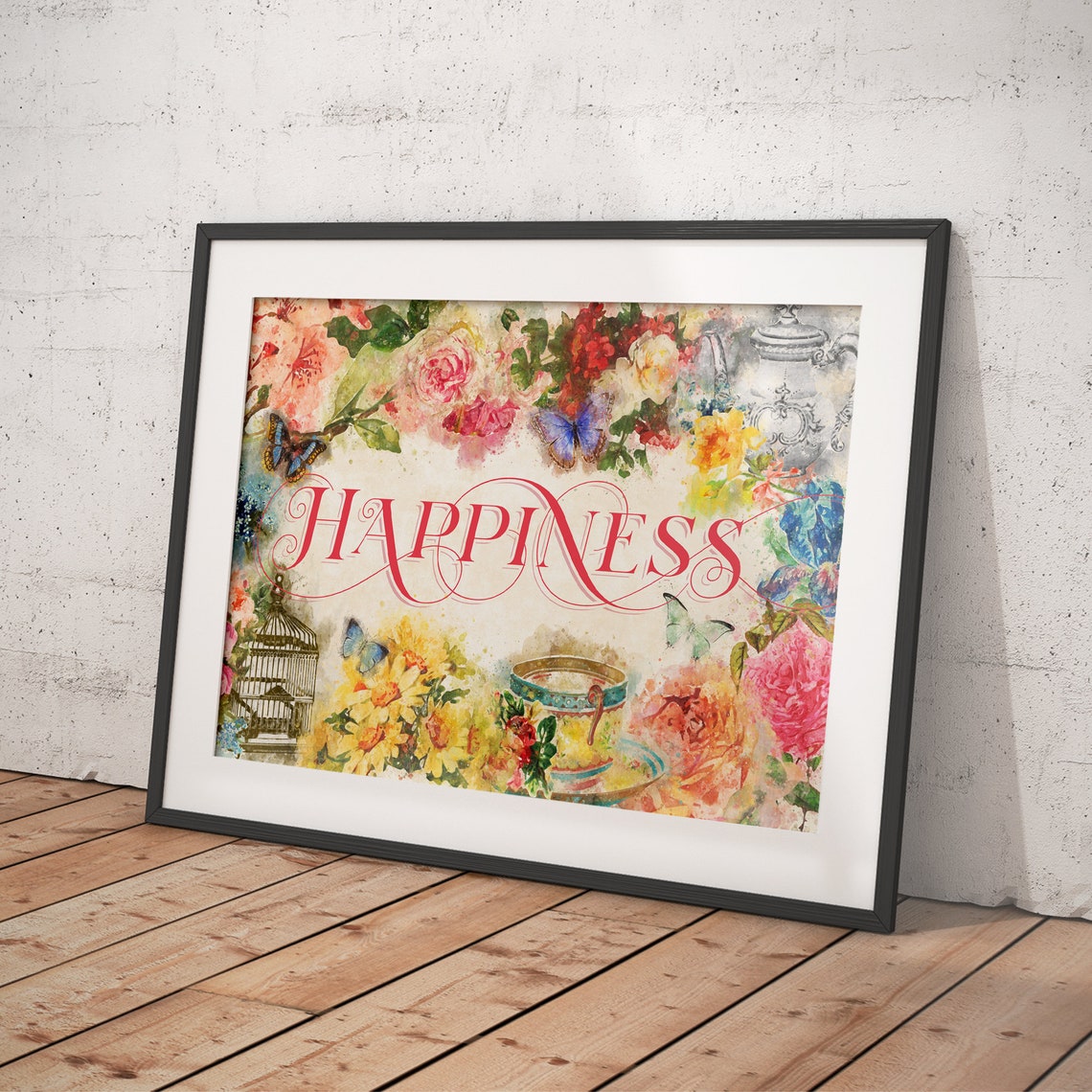 Happiness Script Over Watercolor Florals Tea Cup Scene Poster - Image 4