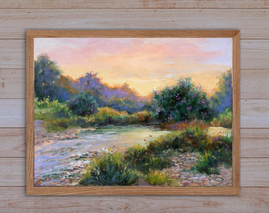 River Sunset Wildflower Landscape Oil Painting With Pink Sky Poster - Image 6