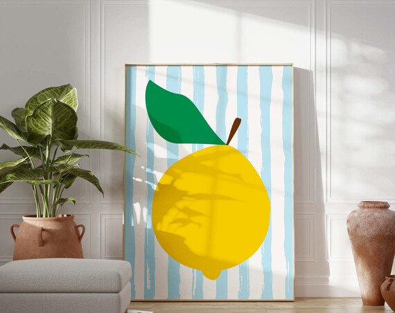 Giant Yellow Lemon On Blue Stripes Modern Minimalist Kitchen Fruit Poster