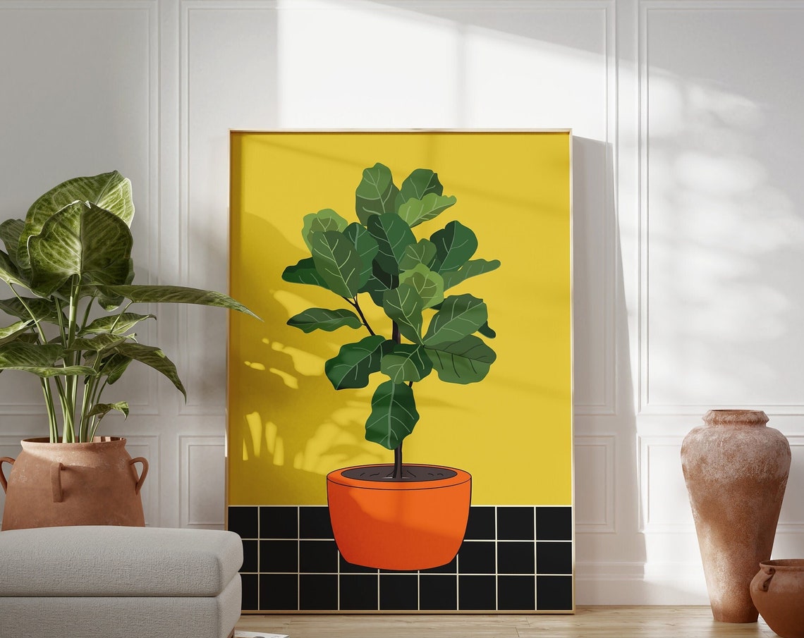 Potted Fiddle Leaf Fig Yellow Background Orange Pot Botanical Poster