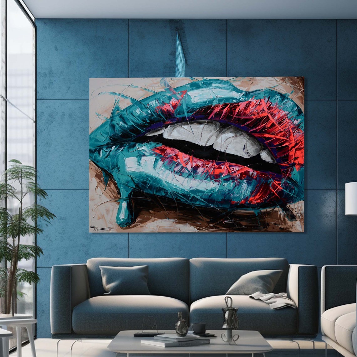 Teal and Coral Abstract Painted Lips Fashion Lip Art Wall Art - Image 3