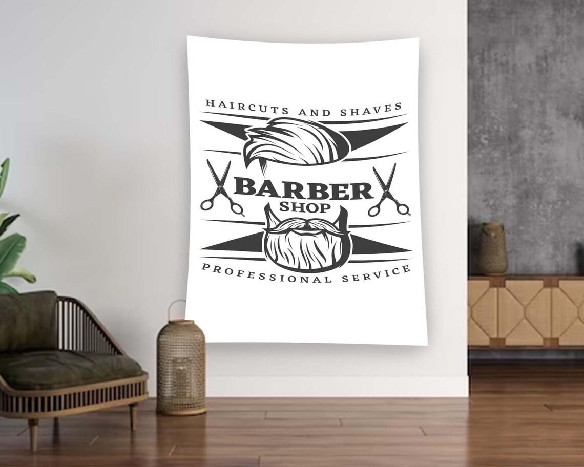Vintage Barber Shop Haircuts Shaves Logo Sign Tapestry Wall Art