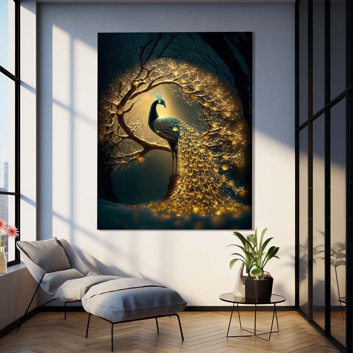 Peacock Golden Glowing Tail Tree Dark Night Fantasy Wall Poster - Image 2