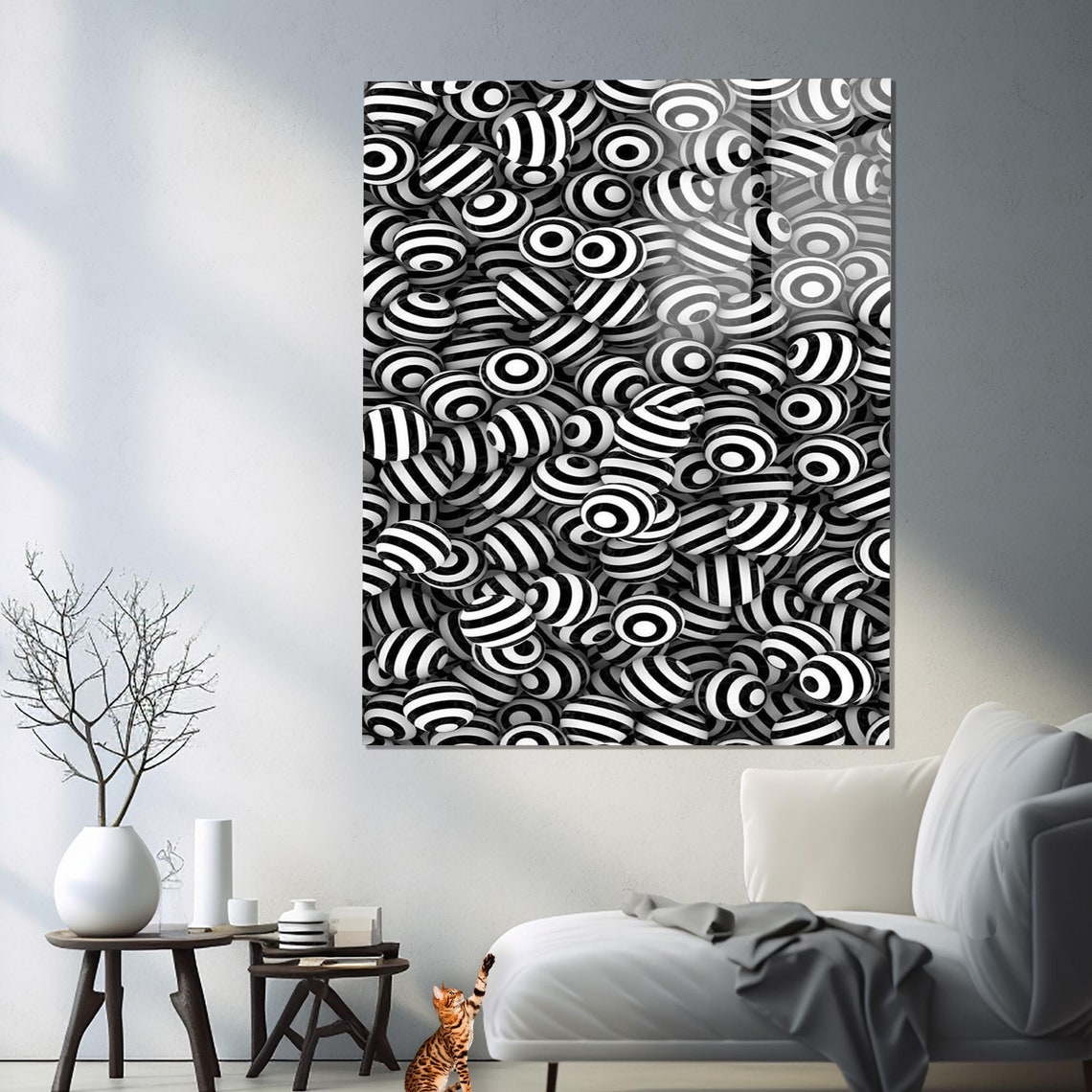 Black White Optical Illusion Striped Spheres 3D Abstract Wall Art - Image 2