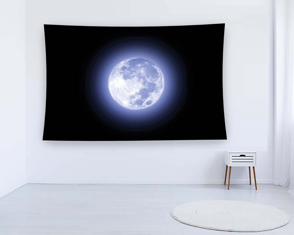 Full Moon Blue Glow Night Sky Minimalist Black Bedroom Tapestry Poster - Image 2