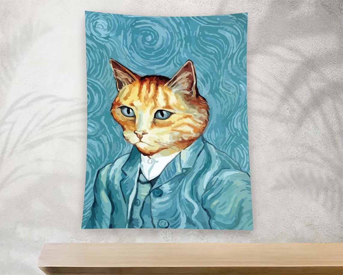 Orange Tabby Cat Blue Suit Starry Night Parody Portrait Tapestry Poster