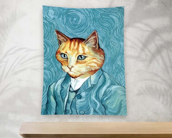 Orange Tabby Cat Blue Suit Starry Night Parody Portrait Tapestry Poster