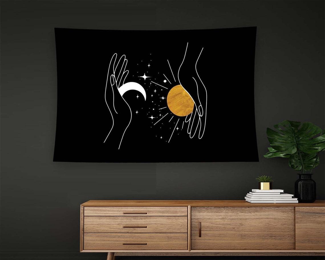 Hands Holding Moon Sun Minimalist Black Gold Celestial Boho Poster - Image 2