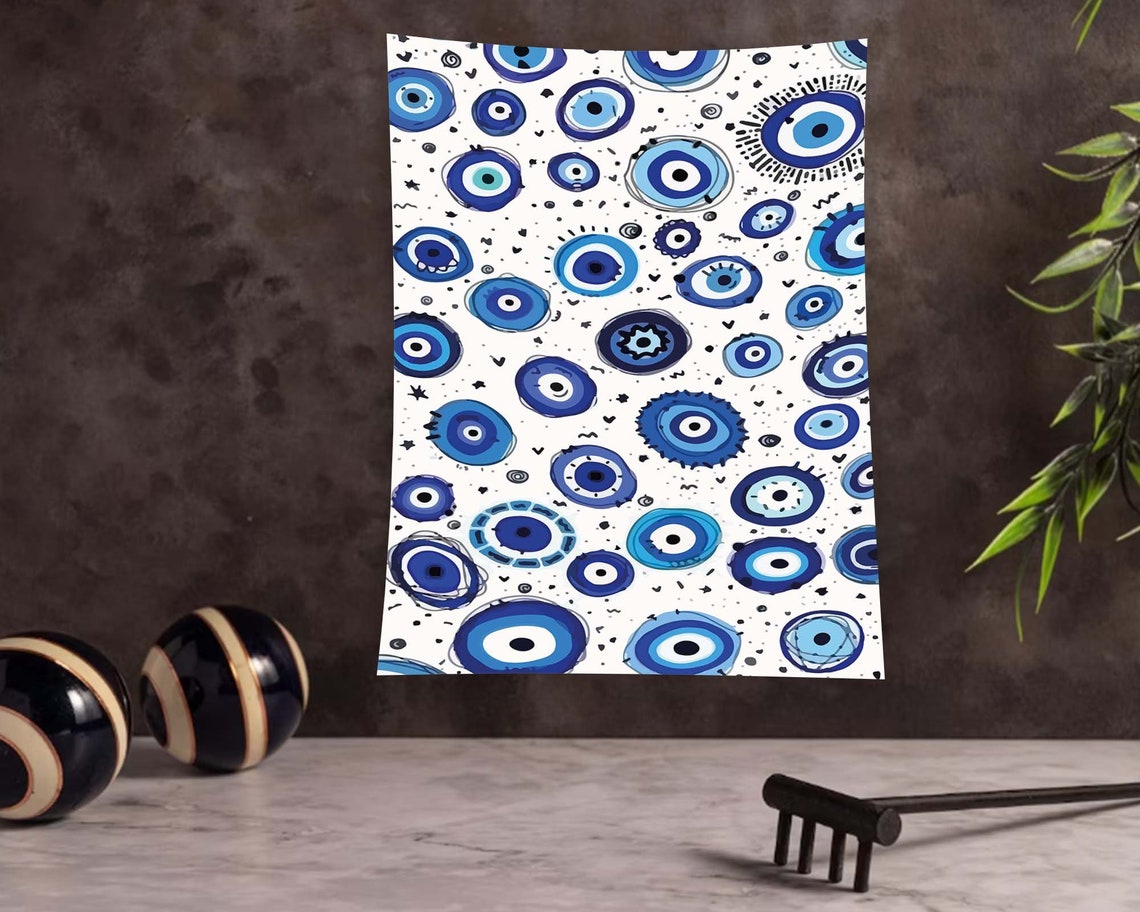 Blue Evil Eye Nazar Pattern White Background Tapestry Wall Art