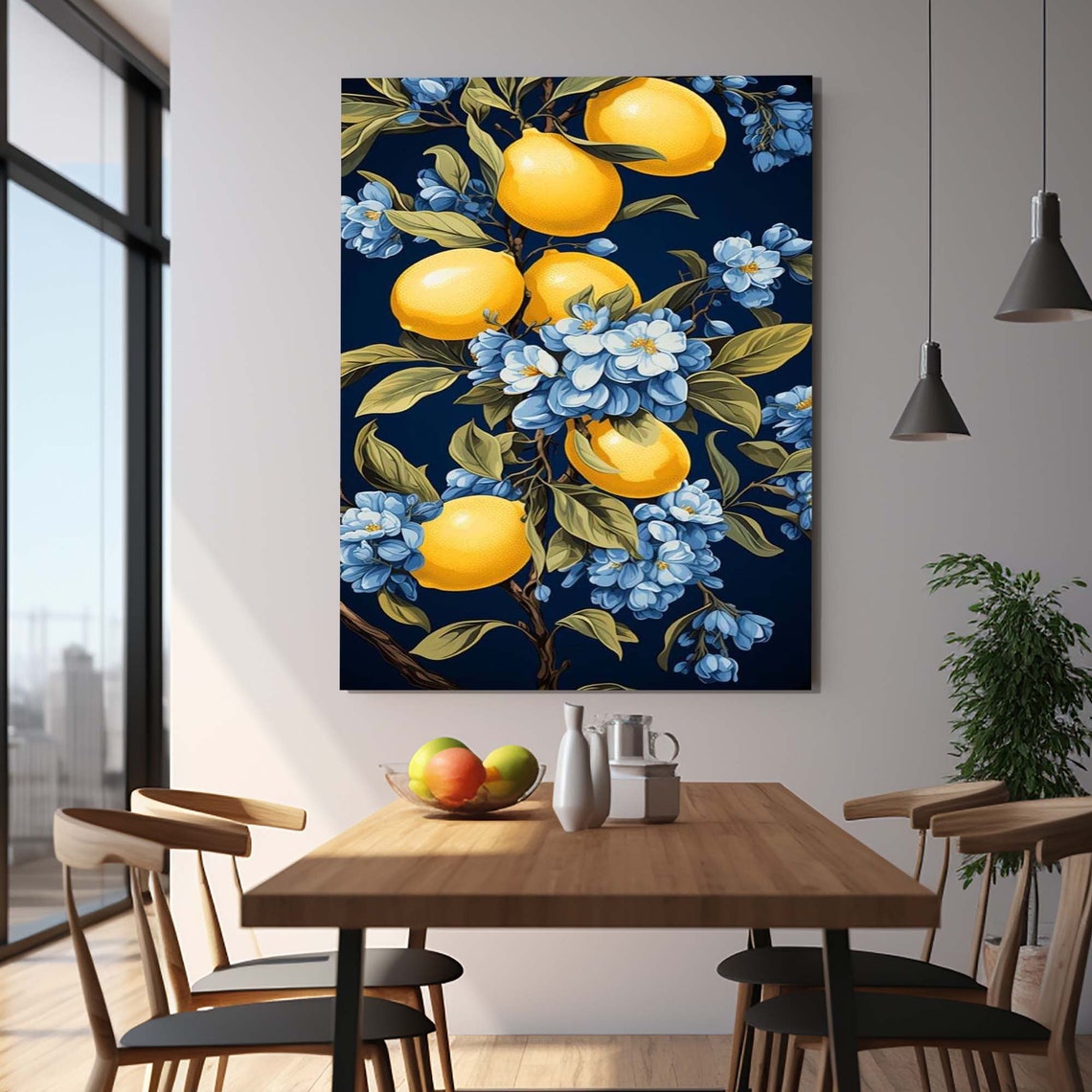 Yellow Lemons Blue Blossoms Navy Botanical Floral Art Wall Poster - Image 3