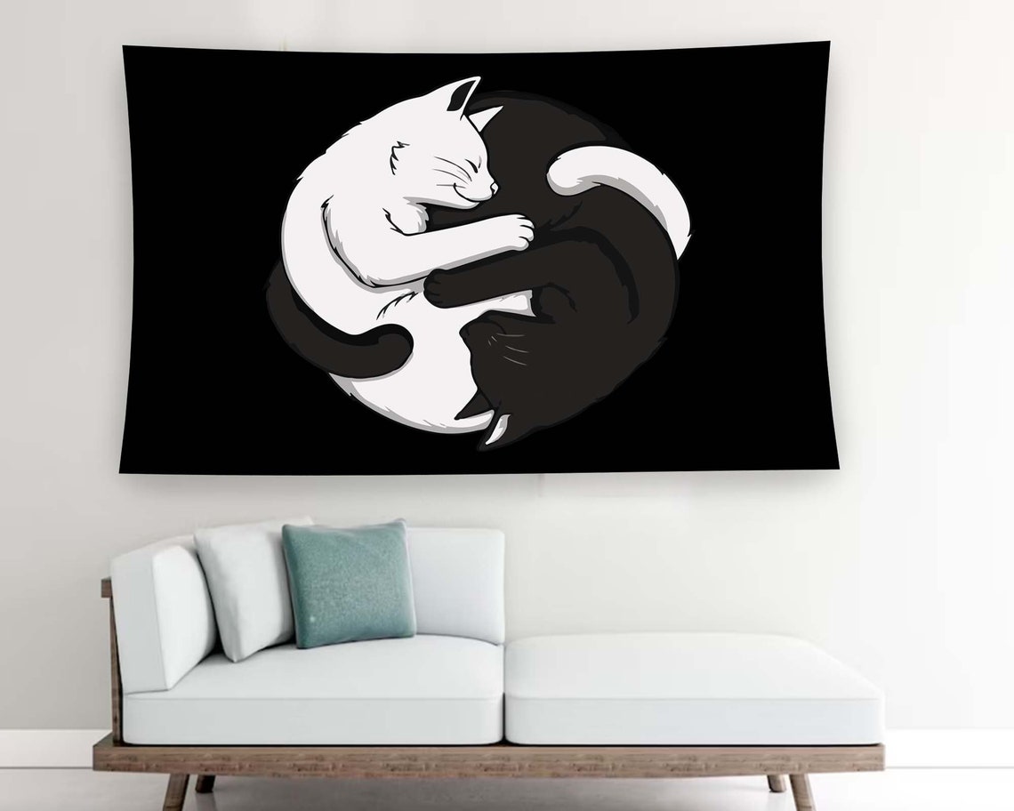 Yin Yang Cuddling Cats Black White Cute Sleeping Kitten Wall Art Decor - Image 2