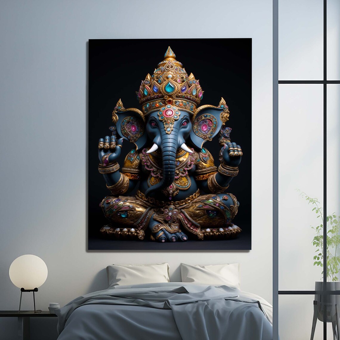 Lord Ganesha Blue Golden Jeweled Elephant God Hindu Deity Wall Art - Image 2