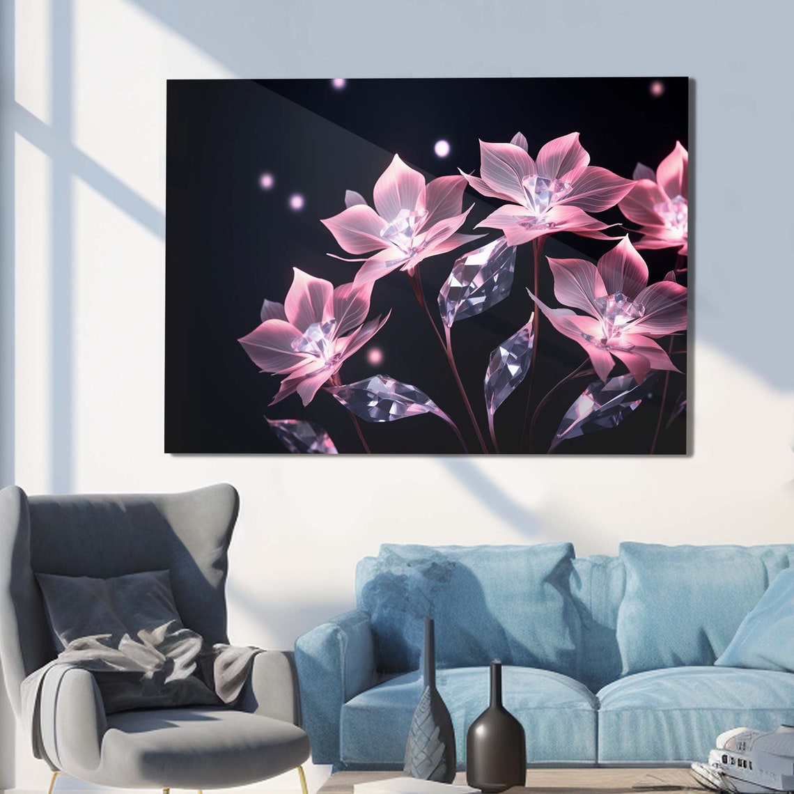Pink Crystal Glass Flowers Glowing Black Background Wall Art - Image 2