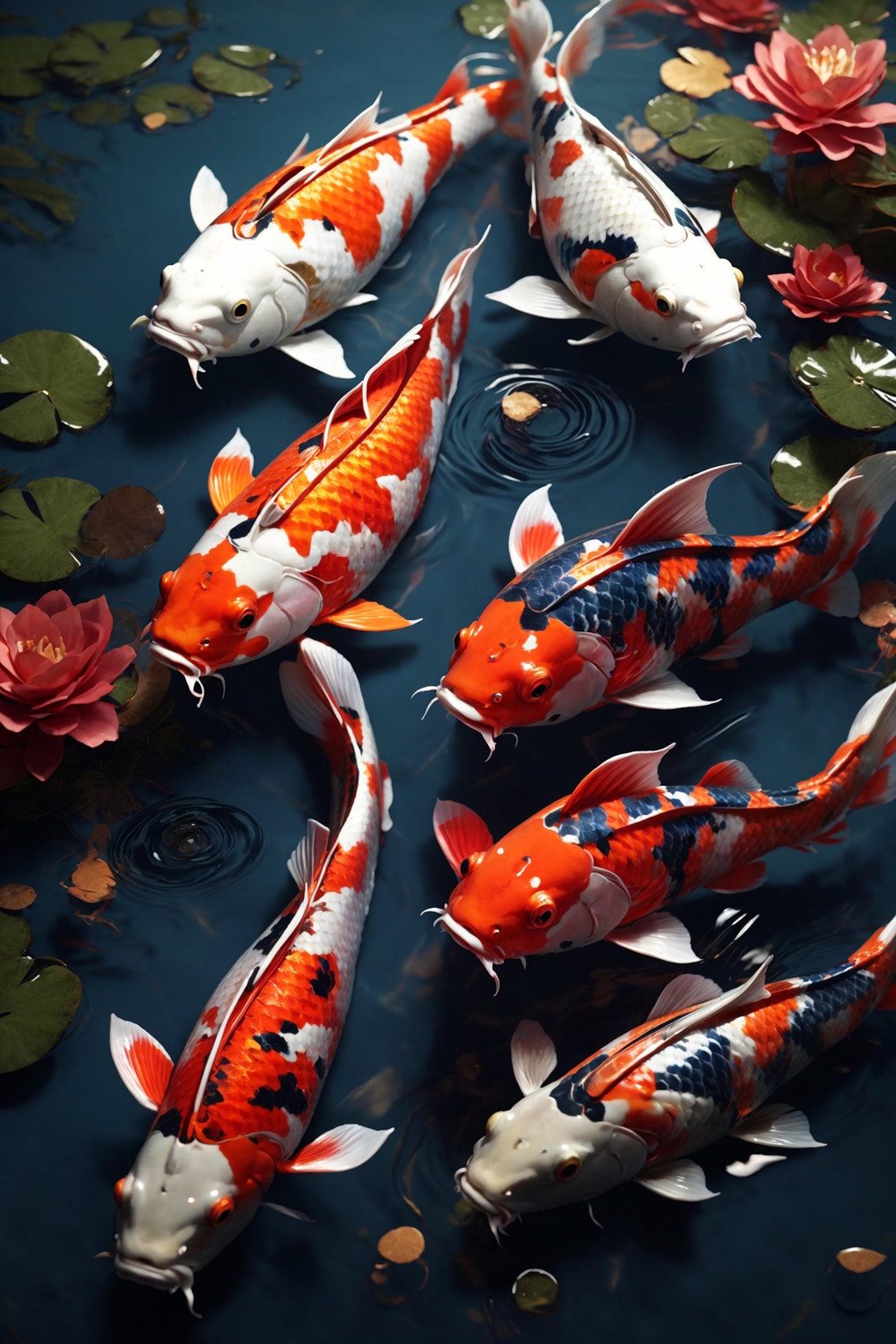 Koi Fish Lotus Flowers Lily Pads Dark Blue Pond Water Wall Art - Image 3