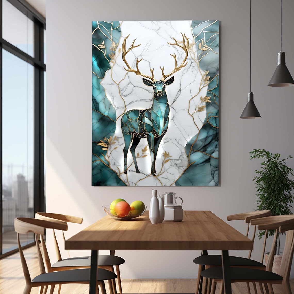 Golden Antler Stag Teal Marble Mosaic Art Elegant Wall Poster - Image 2