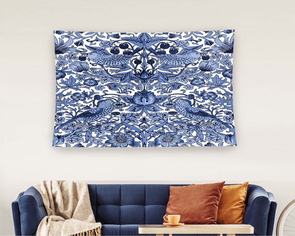 William Morris Strawberry Thief Blue Birds Floral Tapestry Wall Art - Image 2
