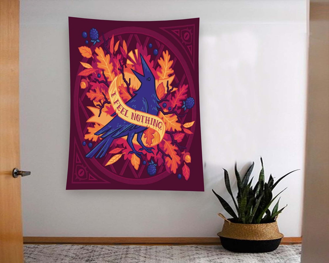 Dark Red Raven Autumn Leaves I Feel Nothing Quote Tapestry Wall Art