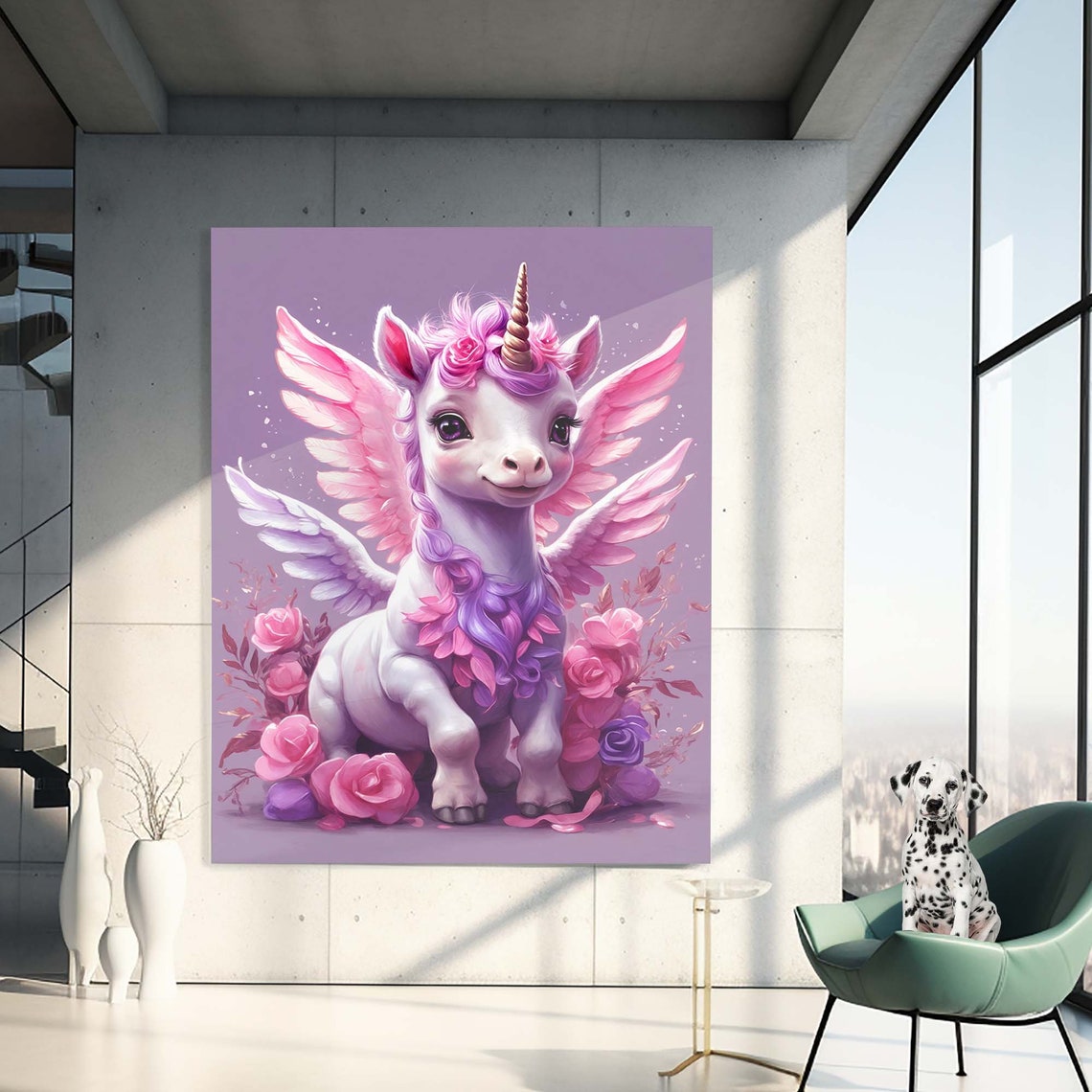 Cute Baby Winged Unicorn Pink Purple Mane Roses Fantasy Wall Art