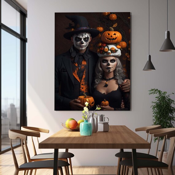 Halloween Skull Face Paint Couple Pumpkin Gothic Wall Art Poster