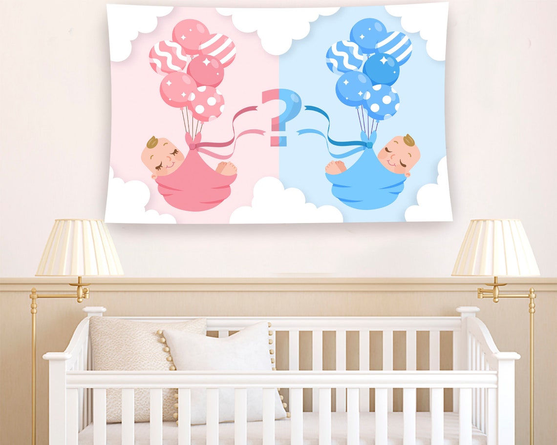 Gender Reveal Pink Blue Baby Balloons Question Mark Tapestry Wall Art - Image 2