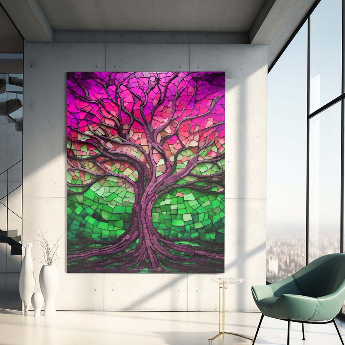 Pink Green Mosaic Tree of Life Colorful Glass Tile Wall Poster - Image 2