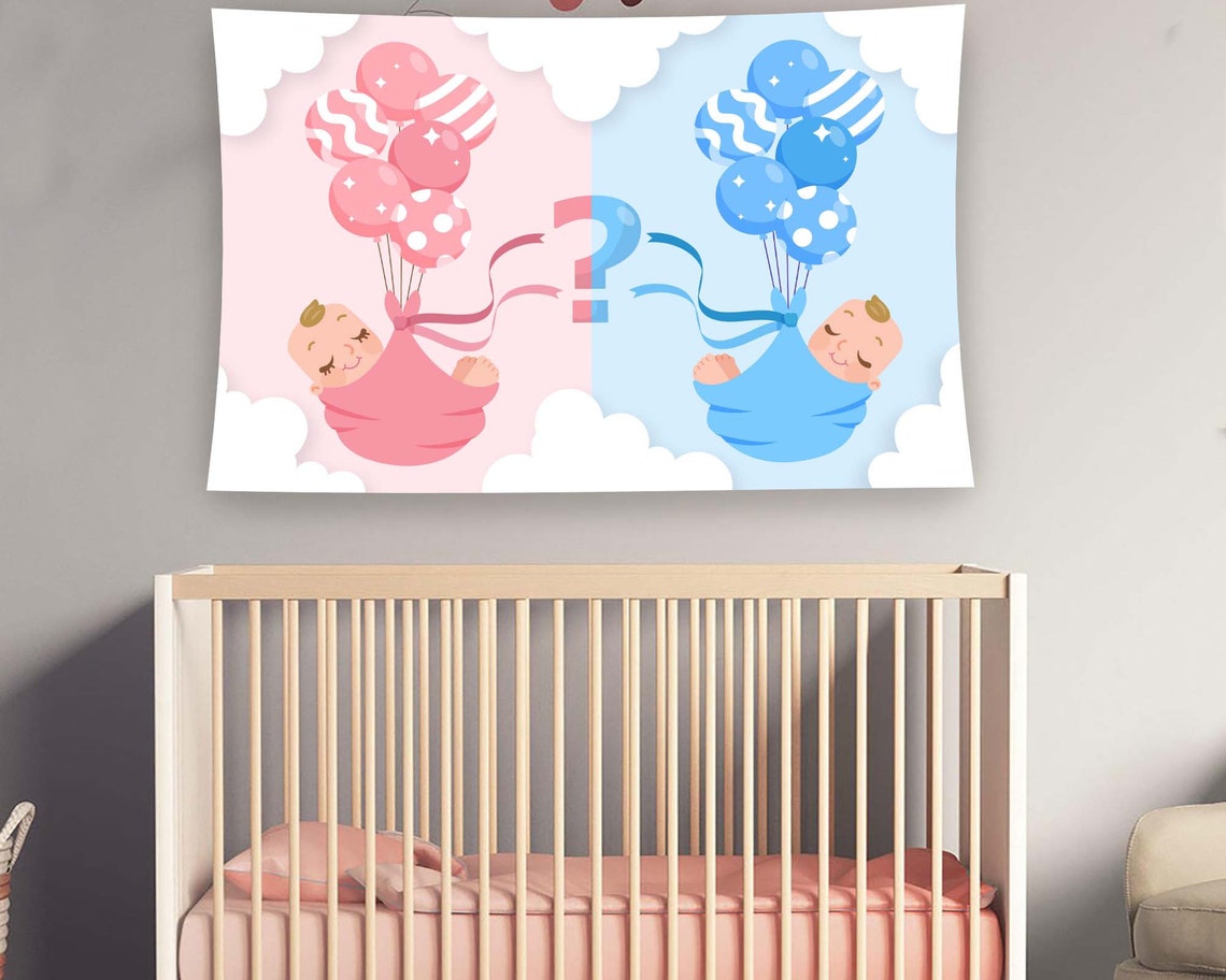 Gender Reveal Pink Blue Baby Balloons Question Mark Tapestry Wall Art