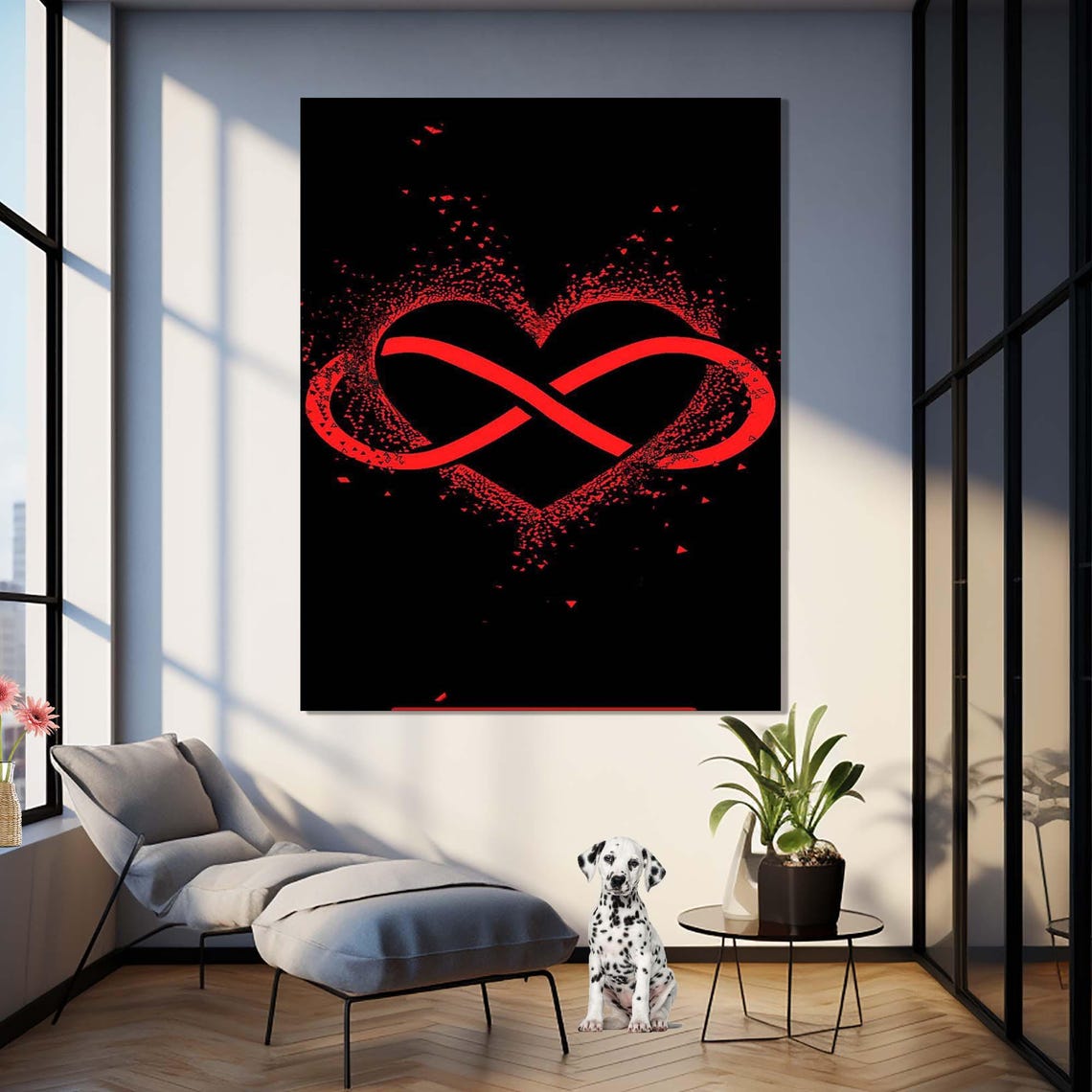 Red Infinity Symbol Inside Heart Of Particles On Black Love Wall Art - Image 2