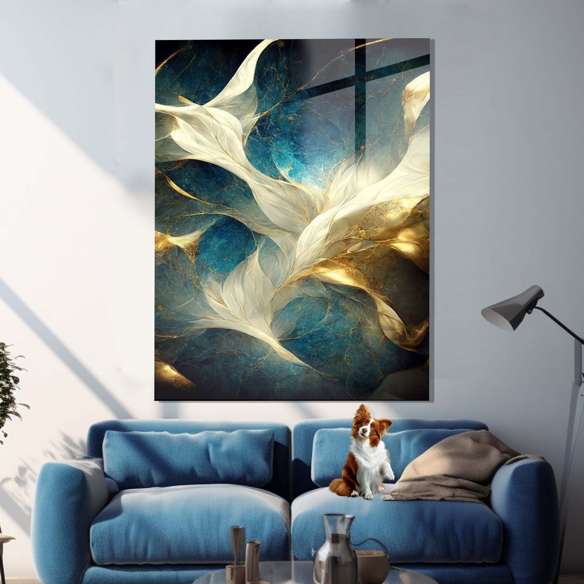 Abstract Teal Marble Gold Feather Swirls Luxury Glass Gallery Poster
