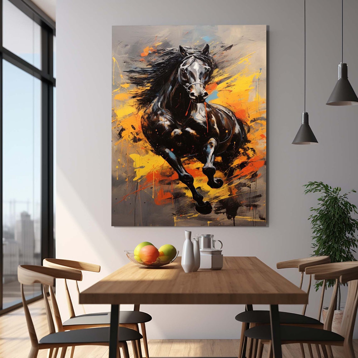 Black Horse Galloping Orange Paint Splash Dynamic Wall Poster - Image 2
