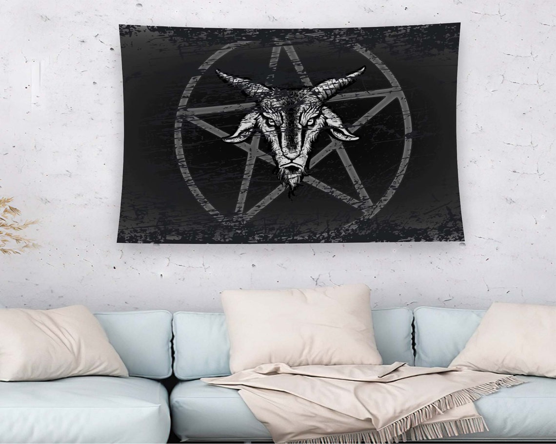 Distressed Black Pentagram Goat Head Satanic Symbol Tapestry Wall Art - Image 2