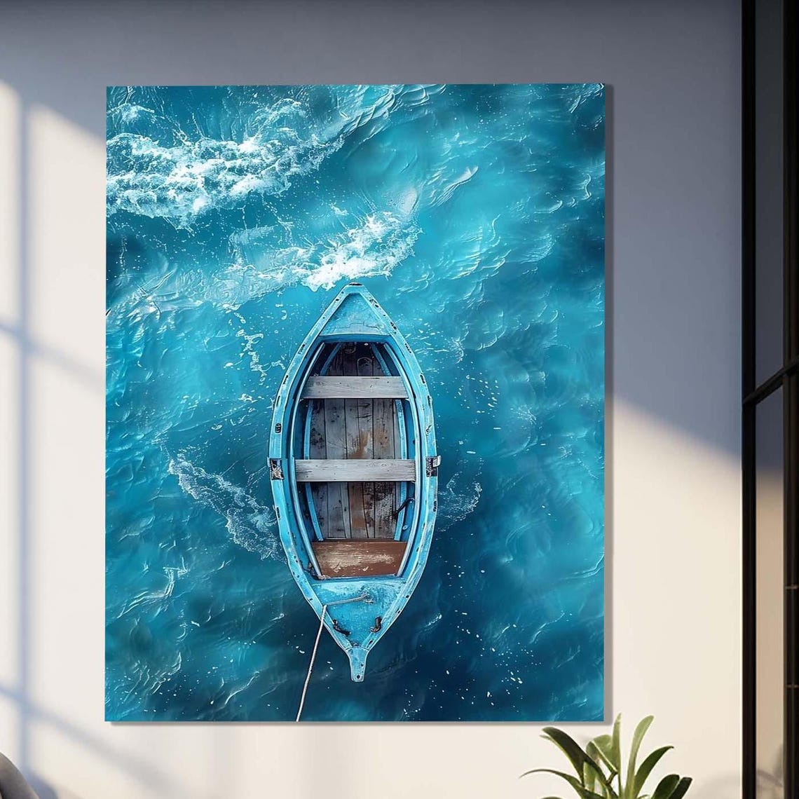 Aerial View Of Single Blue Wooden Boat On Turquoise Waves Ocean Art