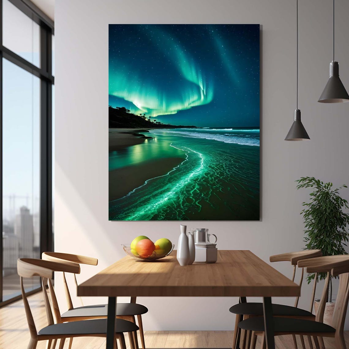 Green Northern Lights Over Night Beach Ocean Waves Travel Poster - Image 2