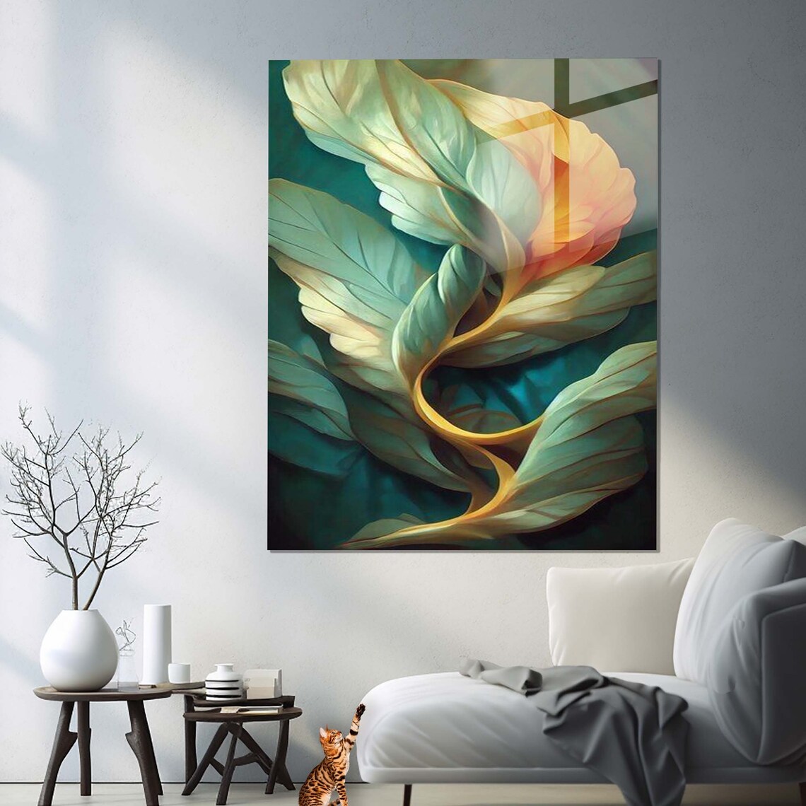 Tempered Glass Floral Wall Art Print, Green Botanical - Image 3