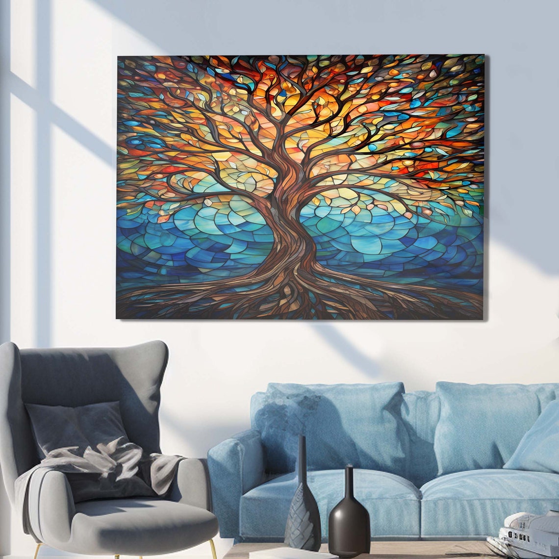 Stained Glass Tree of Life Autumn Orange Blue Wall Art Poster - Image 2