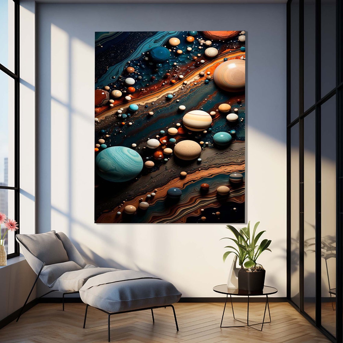 Cosmic Galaxy Planets Over Marble Nebula Glass Gallery Poster - Image 3