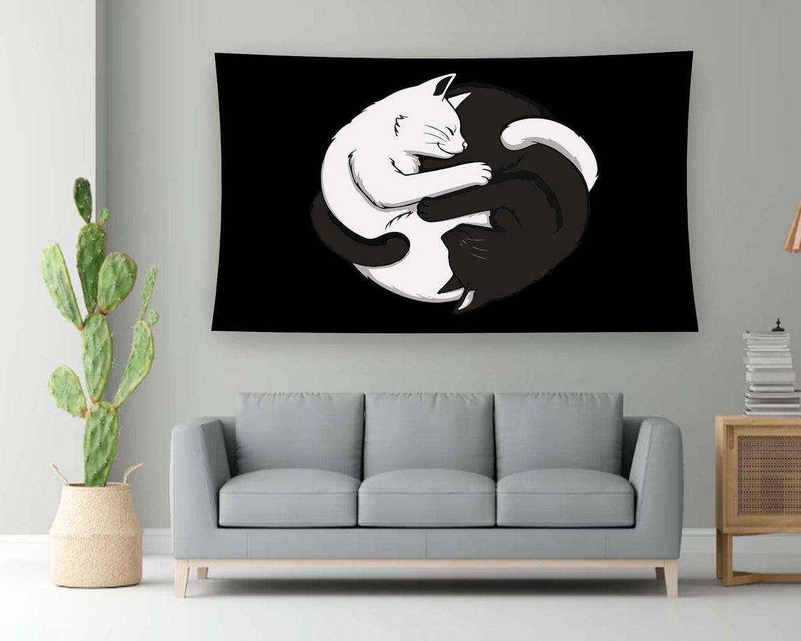 Yin Yang Cuddling Cats Black White Cute Sleeping Kitten Wall Art Decor