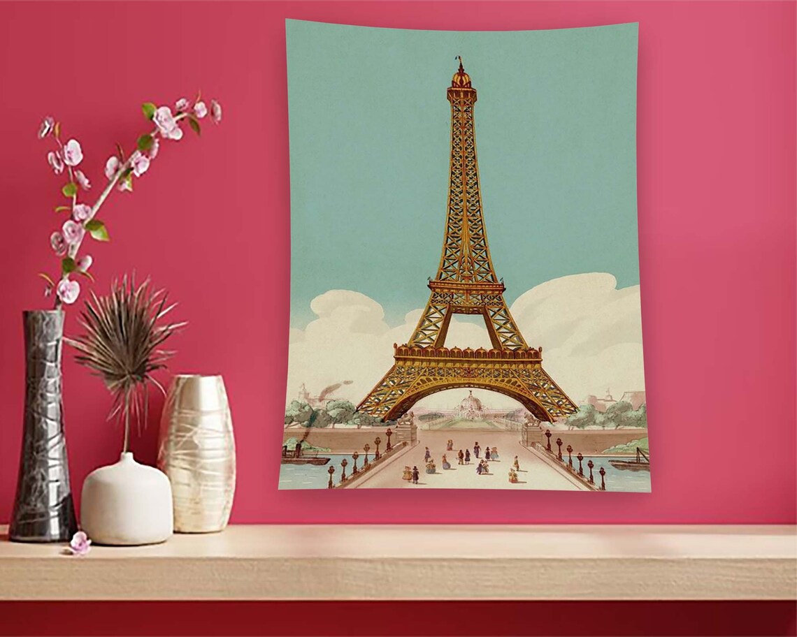Paris France Eiffel Tower Vintage Illustration Tapestry Wall Art