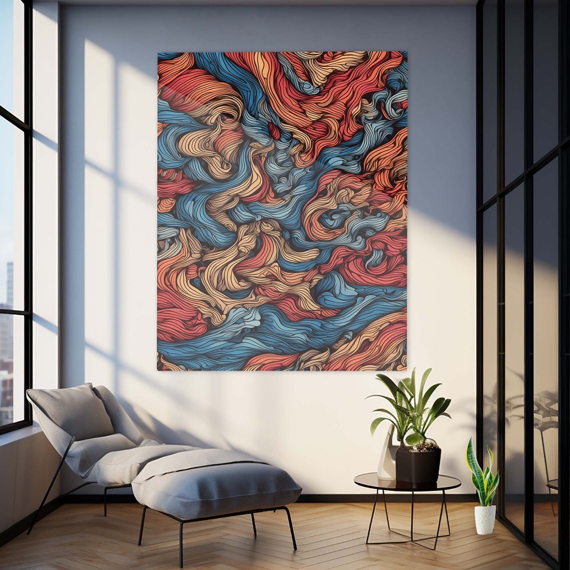 Swirling Blue Coral Beige Marble Wave Abstract Lines Wall Art