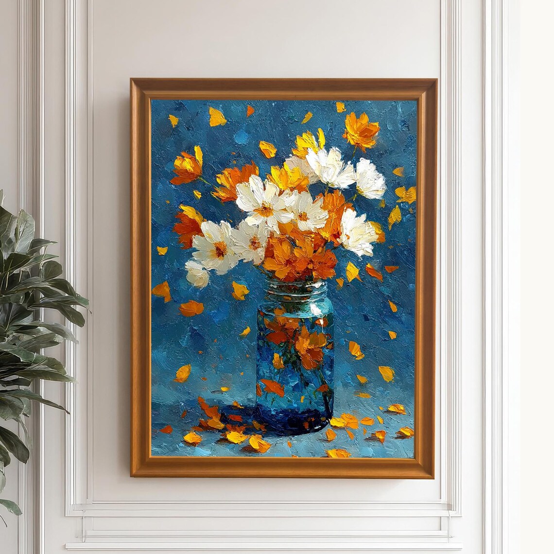 Orange and White Cosmos Flowers in Blue Glass Jar Still Life Poster