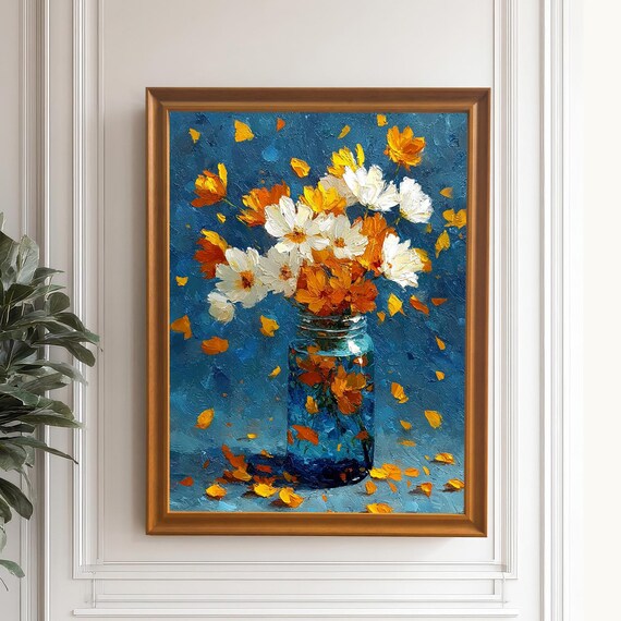 Orange and White Cosmos Flowers in Blue Glass Jar Still Life Poster