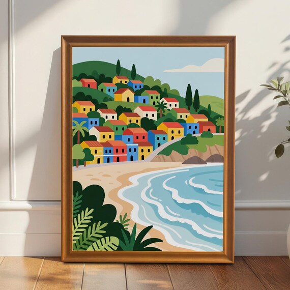 Coastal Beach Village Landscape Minimalist Art Print Wood Framed Wall Decor